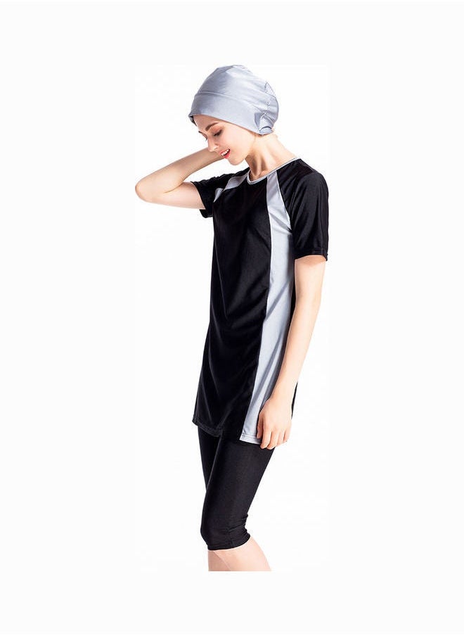 NIBEMINENT - 3-Piece Short Sleeve Contrast Swimsuit Set With Cap Black - Image 1