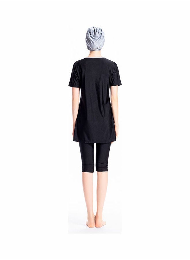 NIBEMINENT - 3-Piece Short Sleeve Contrast Swimsuit Set With Cap Black - Image 1
