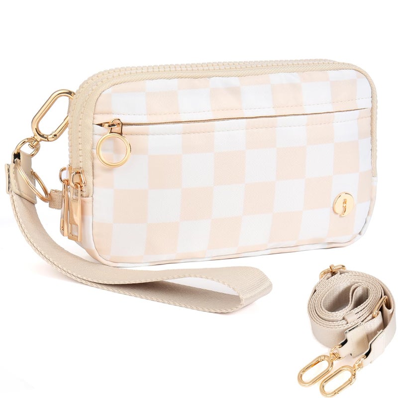 JEEBURYEE Checkered Wristlet Wallets for Women RFID Blocking Small Zipper Nylon Crossbody Bag for Travel Card Phone Organizer Purse with ID Window and 2 Detachable Straps Beige Checkered - Image 1