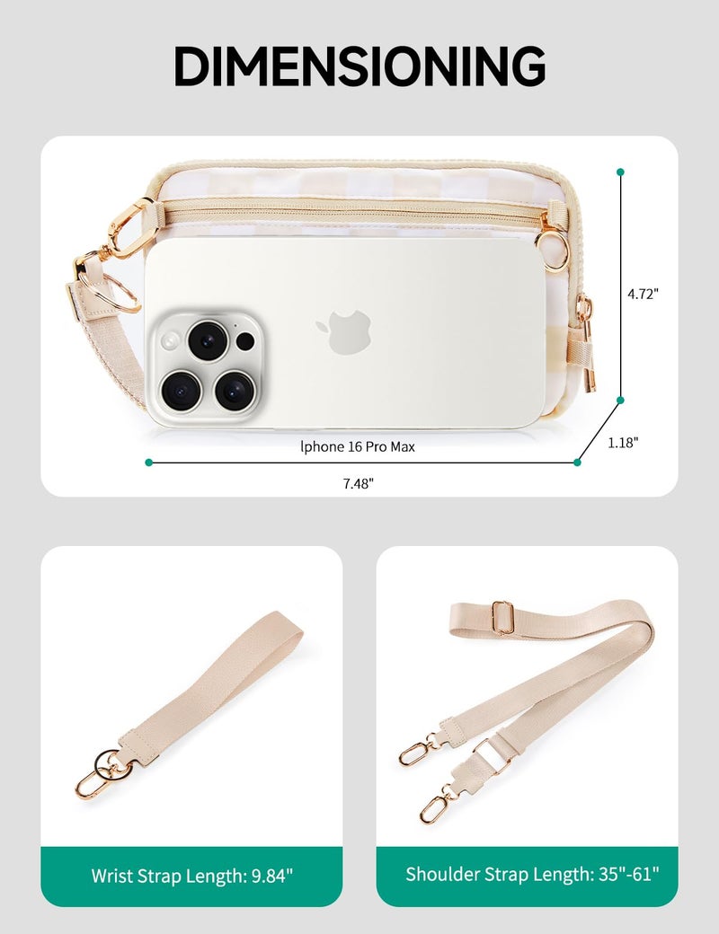 JEEBURYEE Checkered Wristlet Wallets for Women RFID Blocking Small Zipper Nylon Crossbody Bag for Travel Card Phone Organizer Purse with ID Window and 2 Detachable Straps Beige Checkered - Image 3