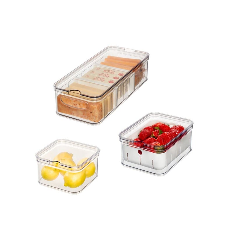 iDesign Crisp 3Piece Recycled Plastic Refrigerator Organizer Bin Set with Lids ClearWhite