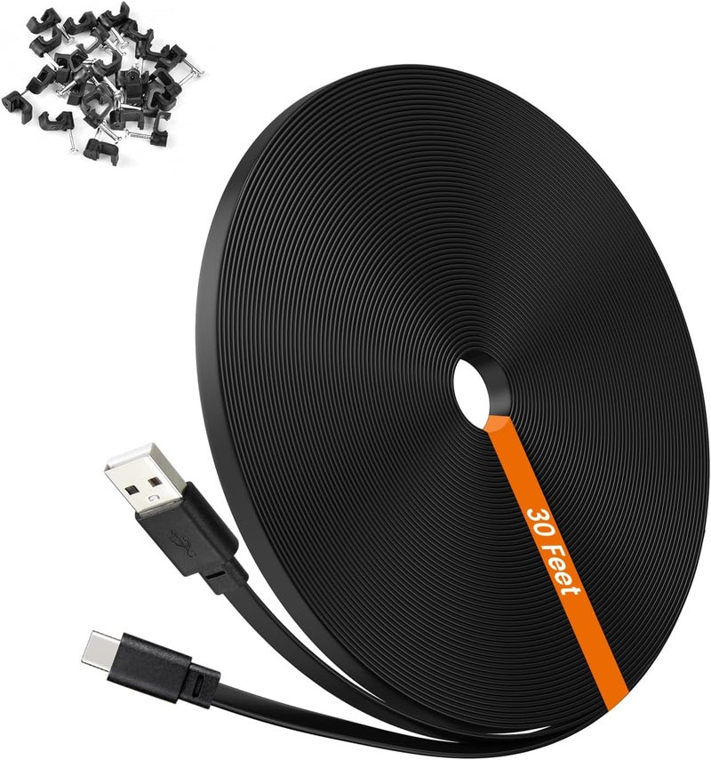 weishan 30ft USB C Cable Compatible with Ring Pan-Tilt Indoor Cam 2024 Release Security Camera - 9m Type-C Long Power Extension Flat Charging Cord, Black - Image 1
