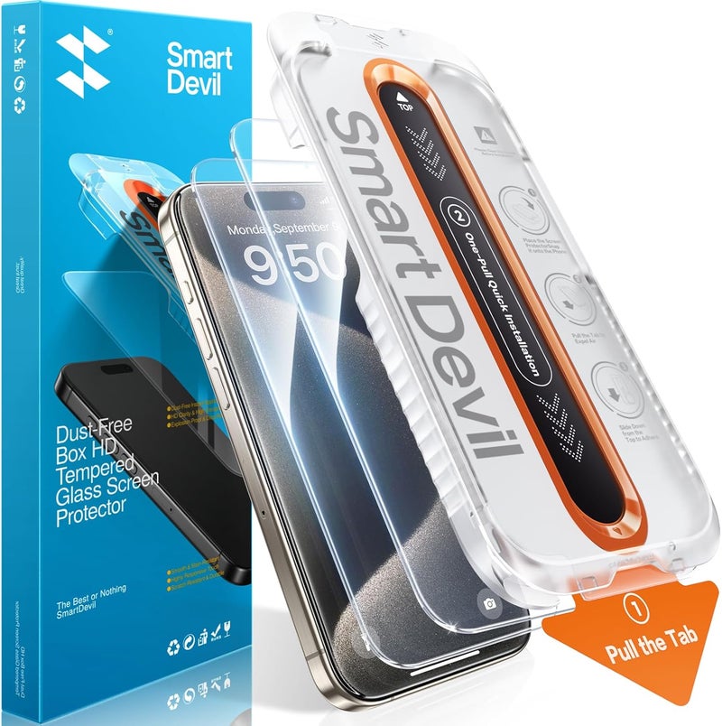 SmartDevil 2 Pack Screen Protector for iPhone 15 Pro Max, 9H Hardness Military Grade Shatterproof HD Clear Tempered Glass, Easy to Install, Auto Bubble-Free and Dust-Free Box, Case Friendly - Image 1