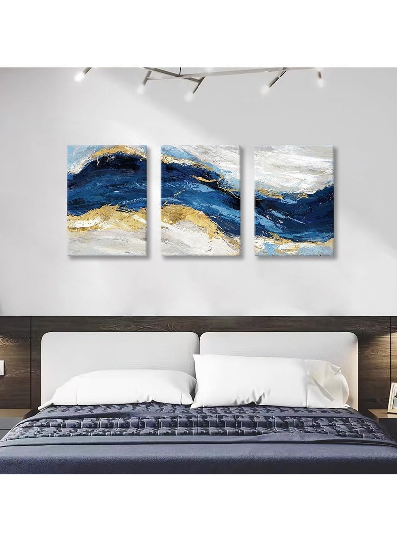 RATSAW Set Of 3 Framed Canvas Wall Arts Stretched Over Wooden Frame Paintings for Home Living Room Office Decor 30x40 cm Abstract Minimalist Canvas Wall Art Prints Framed Pictures Navy Blue Sea Wave Gold Gray Painting  - Image 1