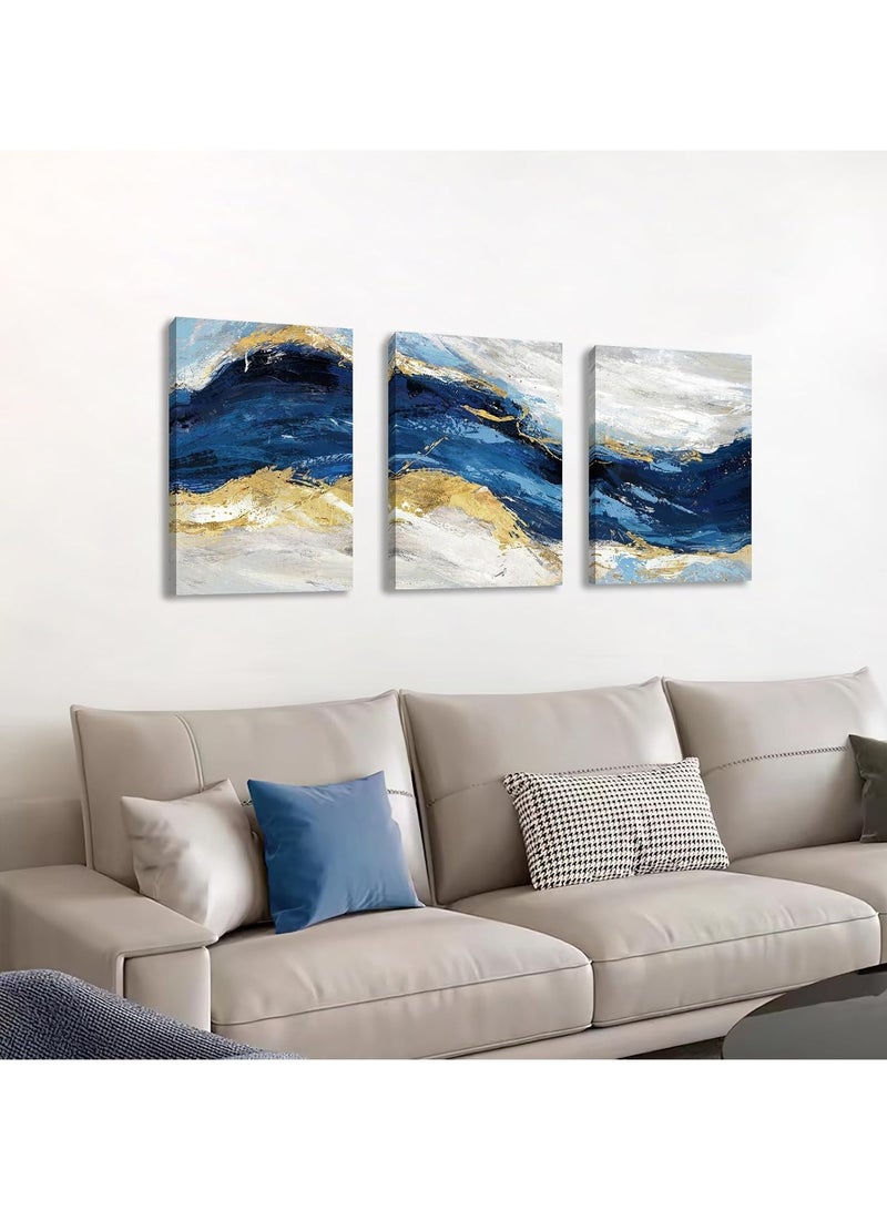 RATSAW Set Of 3 Framed Canvas Wall Arts Stretched Over Wooden Frame Paintings for Home Living Room Office Decor 30x40 cm Abstract Minimalist Canvas Wall Art Prints Framed Pictures Navy Blue Sea Wave Gold Gray Painting  - Image 2