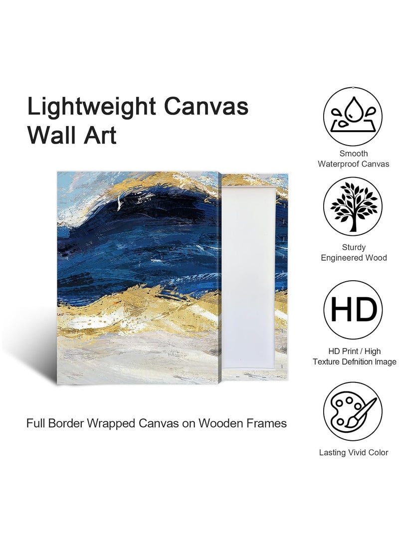 RATSAW Set Of 3 Framed Canvas Wall Arts Stretched Over Wooden Frame Paintings for Home Living Room Office Decor 30x40 cm Abstract Minimalist Canvas Wall Art Prints Framed Pictures Navy Blue Sea Wave Gold Gray Painting  - Image 3