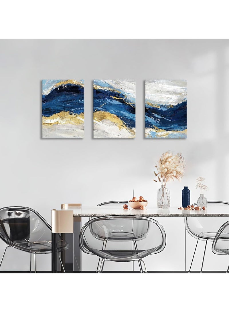 RATSAW Set Of 3 Framed Canvas Wall Arts Stretched Over Wooden Frame Paintings for Home Living Room Office Decor 30x40 cm Abstract Minimalist Canvas Wall Art Prints Framed Pictures Navy Blue Sea Wave Gold Gray Painting  - Image 4