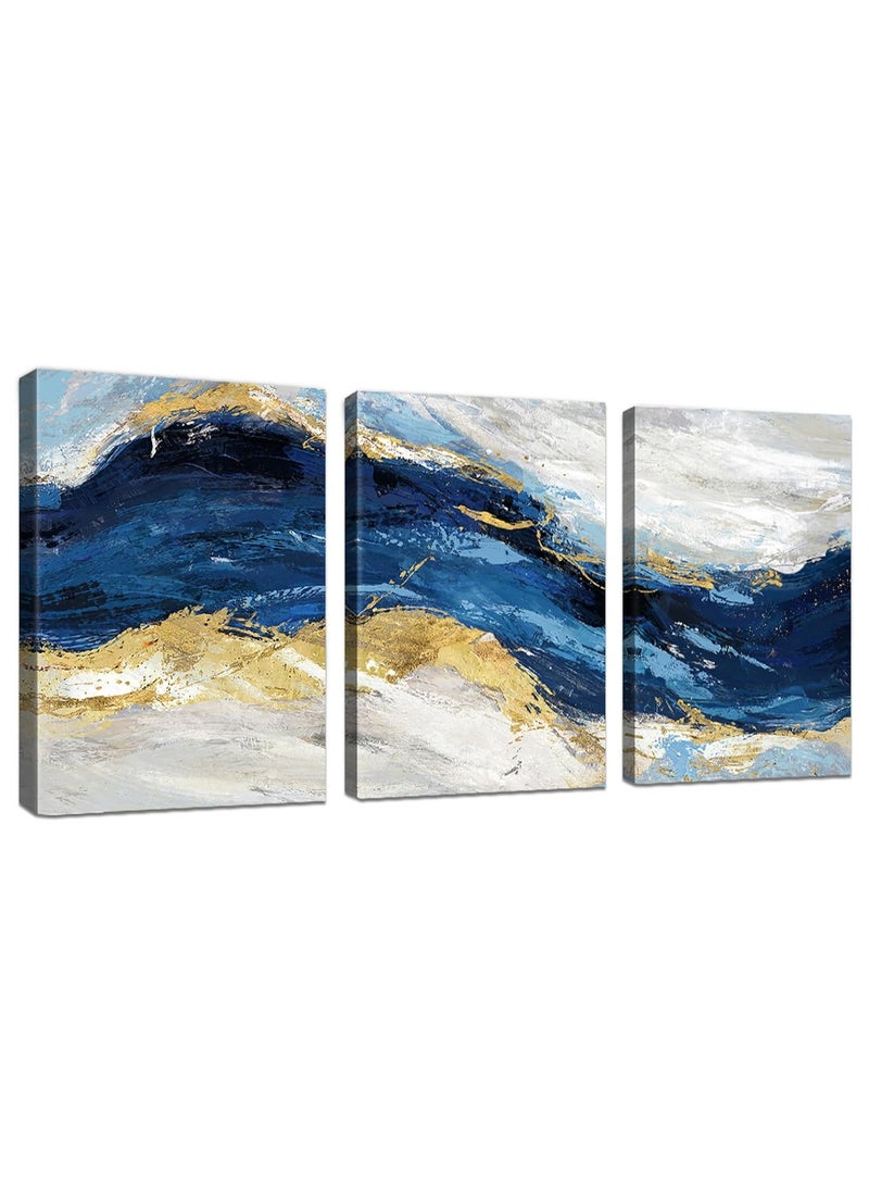 RATSAW Set Of 3 Framed Canvas Wall Arts Stretched Over Wooden Frame Paintings for Home Living Room Office Decor 30x40 cm Abstract Minimalist Canvas Wall Art Prints Framed Pictures Navy Blue Sea Wave Gold Gray Painting  - Image 5