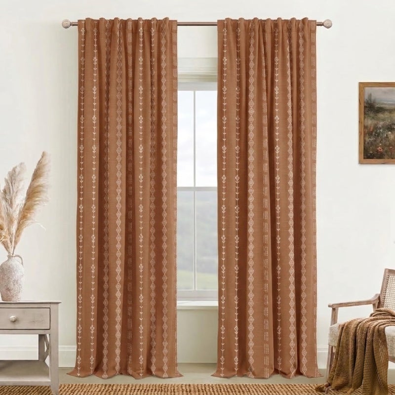 Lino Rosa Terracotta Boho Blackout Curtains 84 Inch Long for Bedroom Living Room, Rust Burnt Orange Floral Decorative Patterned Drapes, Rustic Western Farmhouse Black Out Window Panels, Set of 2 - Image 2