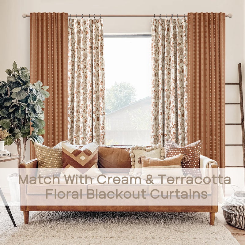 Lino Rosa Terracotta Boho Blackout Curtains 84 Inch Long for Bedroom Living Room, Rust Burnt Orange Floral Decorative Patterned Drapes, Rustic Western Farmhouse Black Out Window Panels, Set of 2 - Image 3