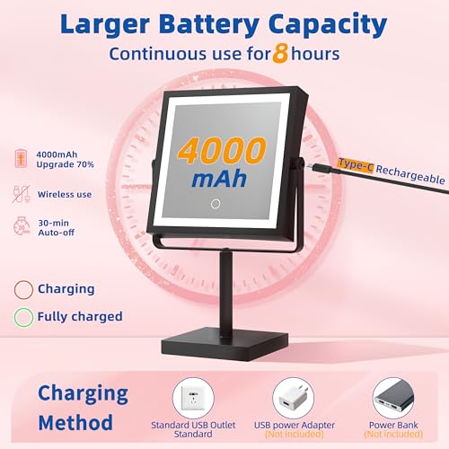 Ruacq Makeup Mirror with Lights 4000mAh Rechargeable Magnifying Mirror with Light 1X10X Height Adjustable Bathroom Vanity Mirror 3 Colors Adjustable Brightness Matte Black - Image 3
