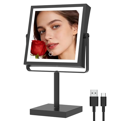 Ruacq Makeup Mirror with Lights 4000mAh Rechargeable Magnifying Mirror with Light 1X10X Height Adjustable Bathroom Vanity Mirror 3 Colors Adjustable Brightness Matte Black - Image 1