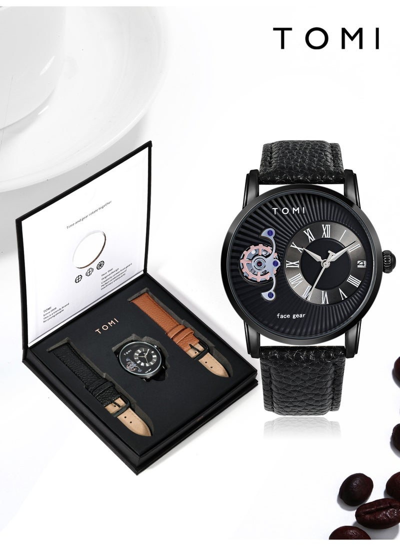 TOMI Gear Skeleton Quartz Watch for Men, Roman Numeral Black Dial Wrist Watch with Date Window, Premium Leather Strap Fashion Business Casual Male Watch - Image 1