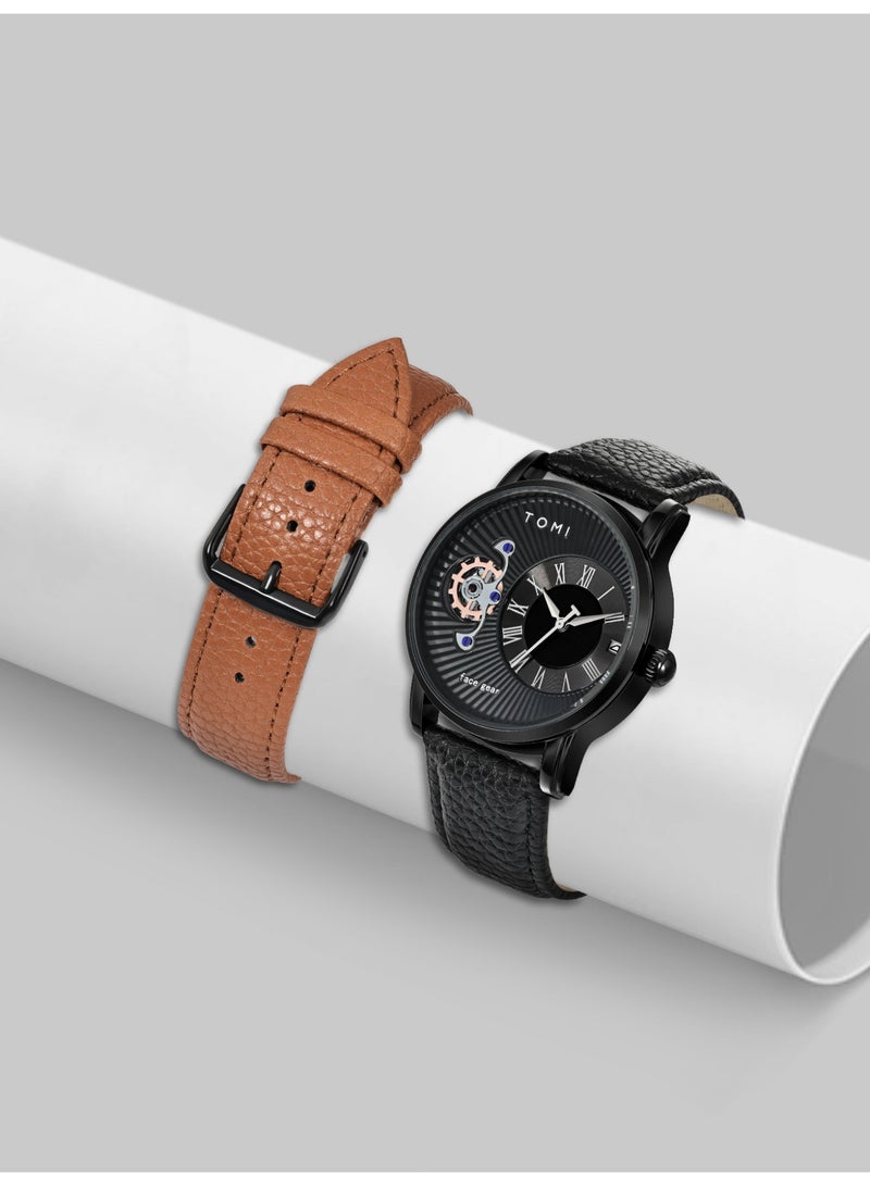 TOMI Gear Skeleton Quartz Watch for Men, Roman Numeral Black Dial Wrist Watch with Date Window, Premium Leather Strap Fashion Business Casual Male Watch - Image 4