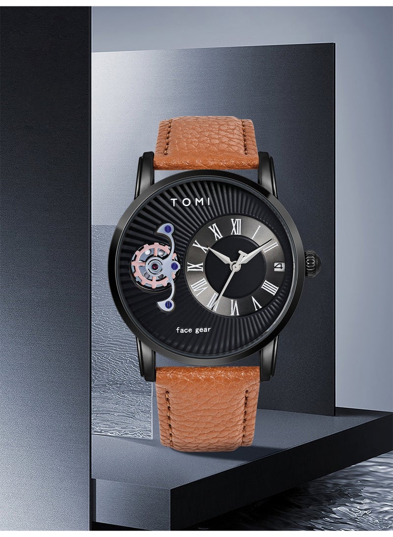TOMI Gear Skeleton Quartz Watch for Men, Roman Numeral Black Dial Wrist Watch with Date Window, Premium Leather Strap Fashion Business Casual Male Watch - Image 3