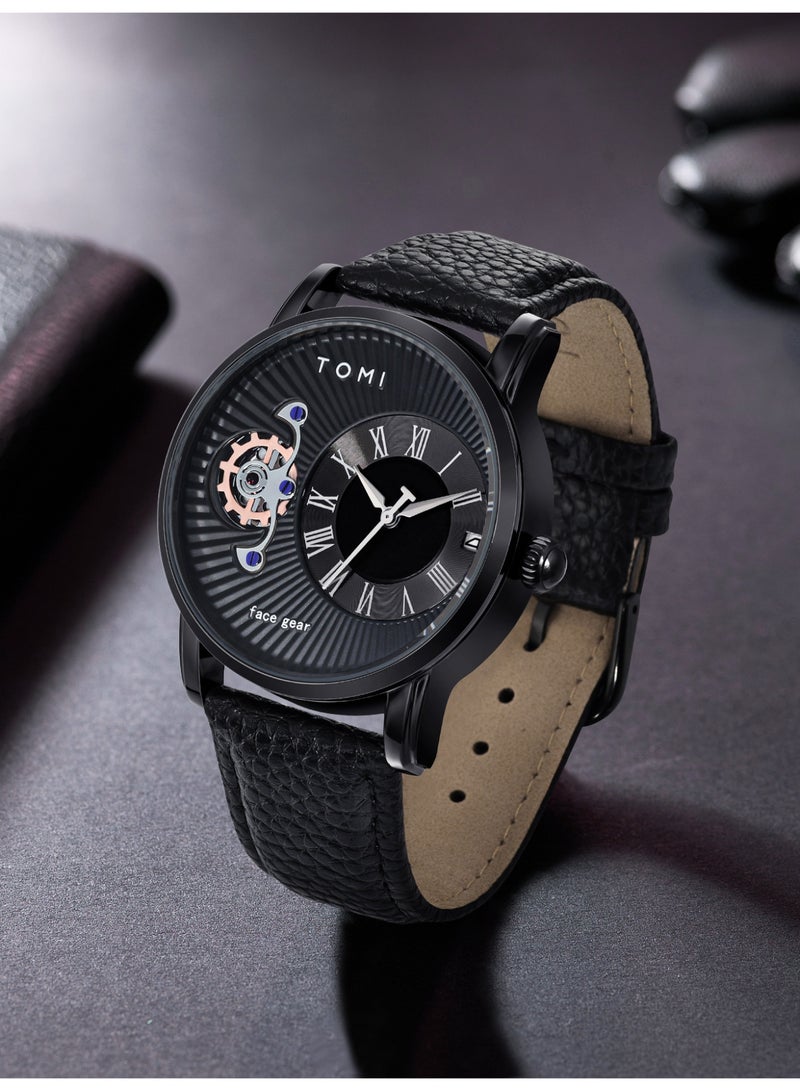 TOMI Gear Skeleton Quartz Watch for Men, Roman Numeral Black Dial Wrist Watch with Date Window, Premium Leather Strap Fashion Business Casual Male Watch - Image 2