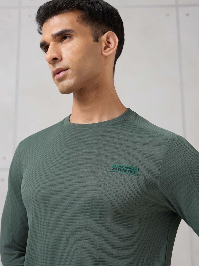 TECHNOSPORT Men's Slim Fit Textured Crew Neck Full Sleeve Active Out T-Shirt for Gym, Sports & Regular Use - (MTP912TRN_Trekking Green_L) - Image 3