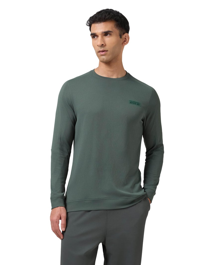 TECHNOSPORT Men's Slim Fit Textured Crew Neck Full Sleeve Active Out T-Shirt for Gym, Sports & Regular Use - (MTP912TRN_Trekking Green_L) - Image 1