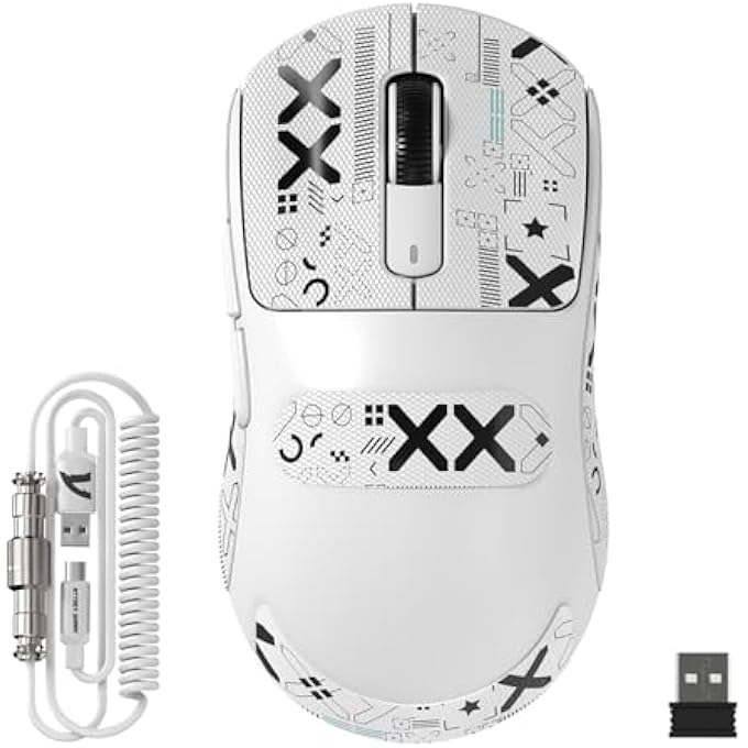 rayihni X3MAX WIRELESS GAMING MOUSE,PIXART PAW3950 GAMING SENSOR,UP TO 42K DPI,100 MILLION MICRO,49G LIGHTWEIGHT TRI-MODE(BT5.2/2.4GHZ/WIRED) MICE WITH COILED CABLE-WHITE&TAPE - Image 1