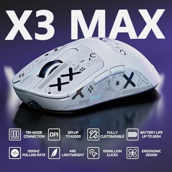rayihni X3MAX WIRELESS GAMING MOUSE,PIXART PAW3950 GAMING SENSOR,UP TO 42K DPI,100 MILLION MICRO,49G LIGHTWEIGHT TRI-MODE(BT5.2/2.4GHZ/WIRED) MICE WITH COILED CABLE-WHITE&TAPE - Image 2