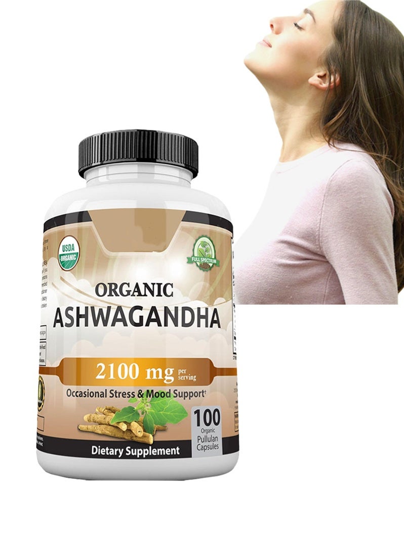 أورجانيك أشواغاندا عضوية بتركيز ٢١٠٠ ملجم - ١٠٠ كبسولة نباتية، مسحوق أشواغاندا عضوي نقي ومستخلص جذور - لتخفيف التوتر وتحسين المزاج - Image 1