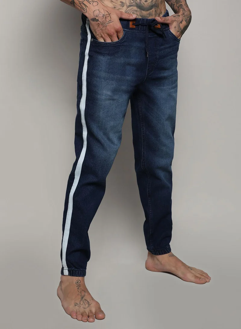 Campus Sutra Men's Side-Striped Dark-Wash Denim Jeans