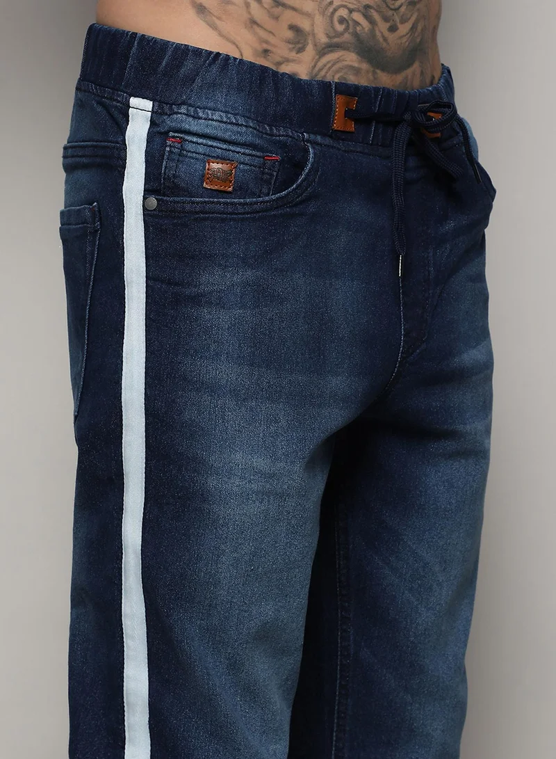 Campus Sutra Men's Side-Striped Dark-Wash Denim Jeans