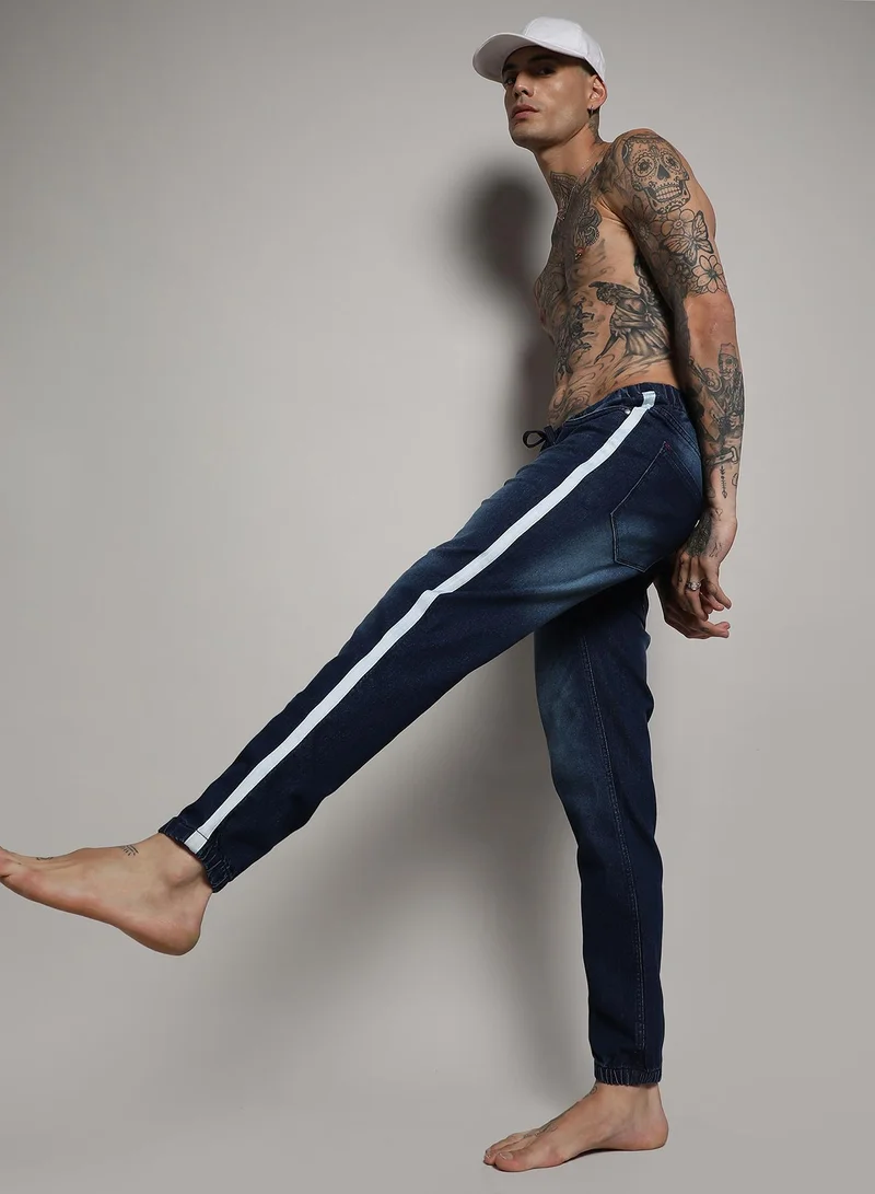 Campus Sutra Men's Side-Striped Dark-Wash Denim Jeans