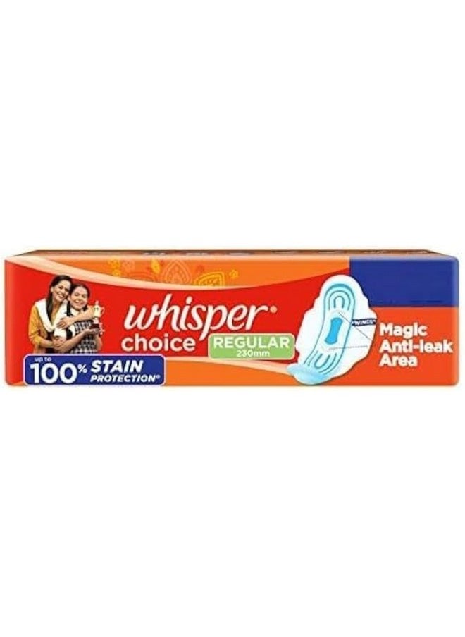 Whisper Choice Sanitary Pads, 20 Regular Pads, Upto 100% Stain Protection All Day, With Magic Anti Leak Areas, Dry Top Sheet, With Wings, Disposable Pads, For Women 