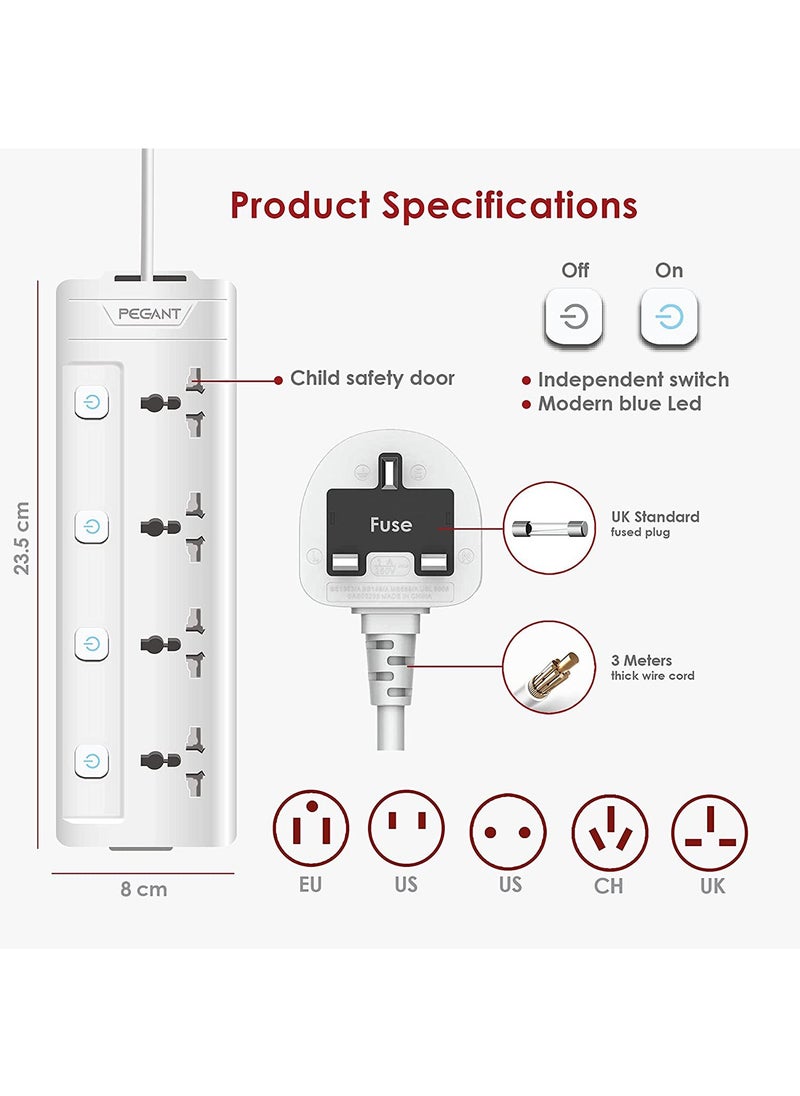 PEGANT - 4 Way 3M Power Extension Cord, 4 Universal Outlets, UK Plug, 3M Cable, 2500W - Image 1