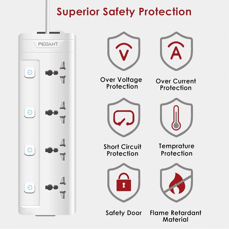 PEGANT 4 Way 3M Power Extension Cord with Surge Protection - Image 4