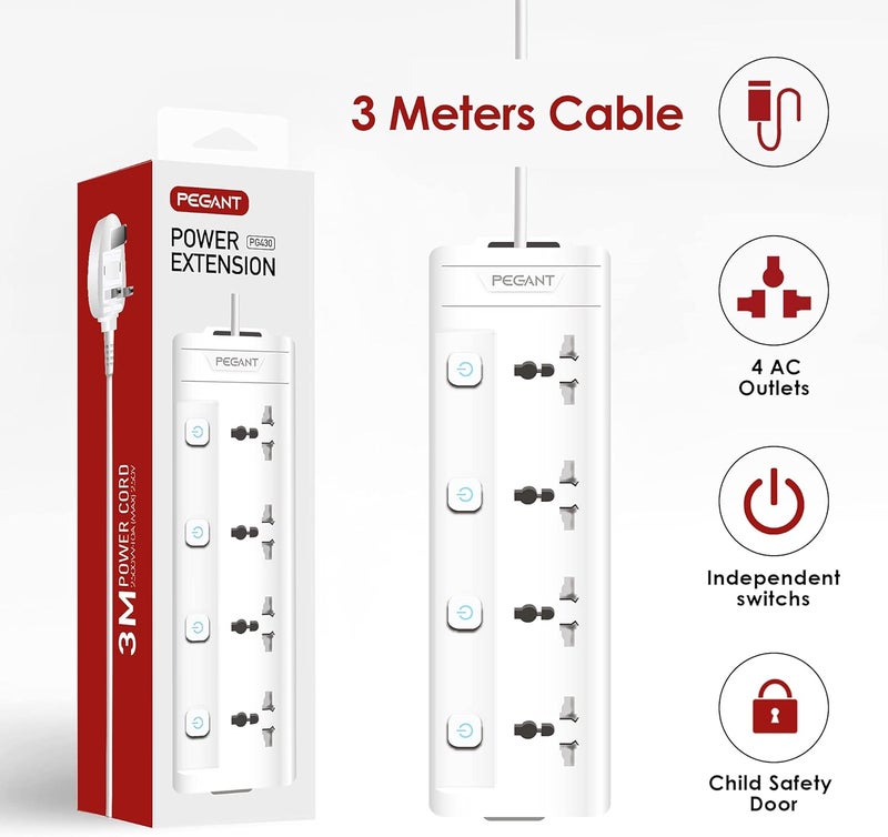 PEGANT 4 Way 3M Power Extension Cord with Surge Protection - Image 2