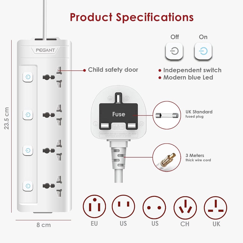 PEGANT 4 Way 3M Power Extension Cord with Surge Protection - Image 3