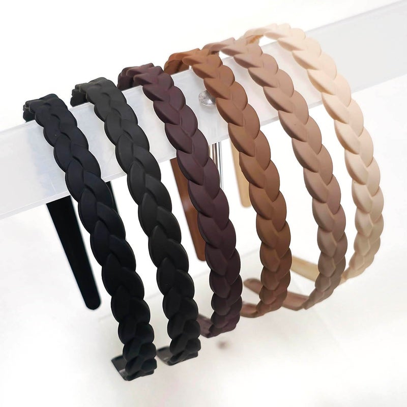 Springtime 6pcs Braided Plastic Headbands for Women and Girls, 12mm Width Pigtail Hairbands with inner Teeth, Multi-Color Pack, Black, Brown, Tan, Beige - Image 1
