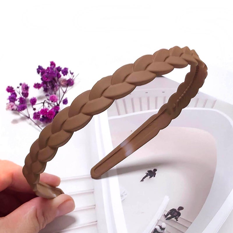 Springtime 6pcs Braided Plastic Headbands for Women and Girls, 12mm Width Pigtail Hairbands with inner Teeth, Multi-Color Pack, Black, Brown, Tan, Beige - Image 3