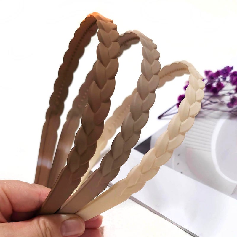Springtime 6pcs Braided Plastic Headbands for Women and Girls, 12mm Width Pigtail Hairbands with inner Teeth, Multi-Color Pack, Black, Brown, Tan, Beige - Image 2