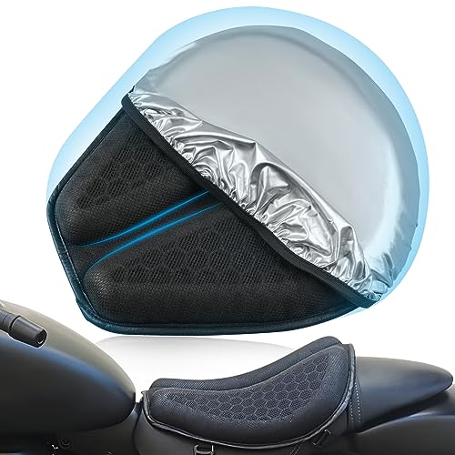 SKYJDM Foldable Motorcycle Seat Cushion with Sunshade Cover Large 3DHoneycomb Structure Shock Absorption  Breathable Motorcycle Gel Seat Pad for Long Rides