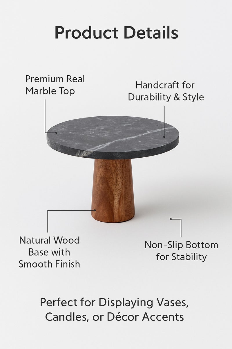 ماريا هومز حامل زخرفي من الرخام الأسود – قاعدة عرض دائرية مع قاعدة خشبية - Image 4