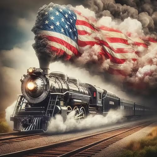 KTHOFCY 5D DIY Patriotic American Flag Diamond Painting Kits for Adults Steam Locomotive Full Drill Embroidery Cross Stitch Crystal Rhinestone Paintings Arts Decor Painting Dots Kits 118X118 inch - Image 1