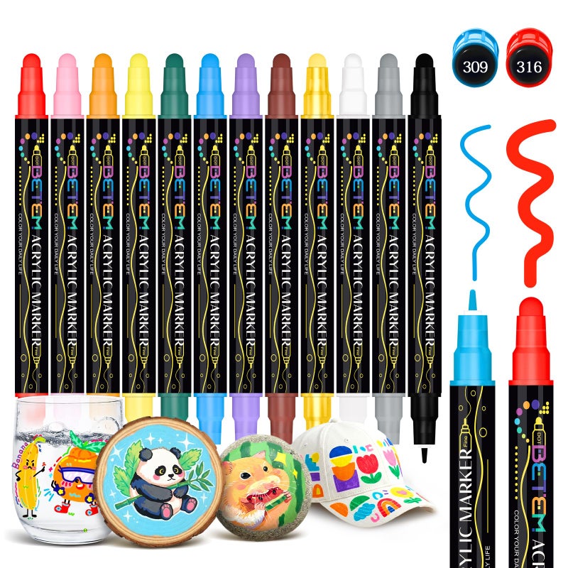 Betem 12 Colors Dual Tip Acrylic Paint Pens Markers, Fabric Decorating Kits Premium Water-Based Acrylic Paint Markers for Fabric, Rock, Wood, Glass, Eggs, Canvas, Ceramic, Easter Basket Stuffers - Image 1