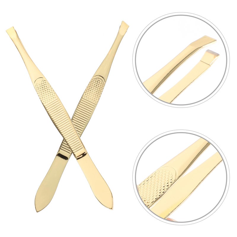 Stainless Steel Eyebrow Tweezers Set 2pcs Flat and Slant Tip Precision Hair Removal - Image 5