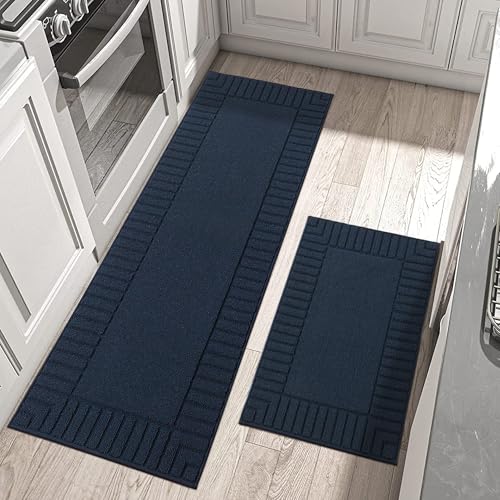 BEQHAUSE-Kitchen-Rugs-Washable-Kitchen-Mats-for-Floor Non-Slip Kitchen Mats Set of 2 Absorbent Kitchen Runner Navy Blue with TPR Backing 24x35inch/24x60inch - Image 1