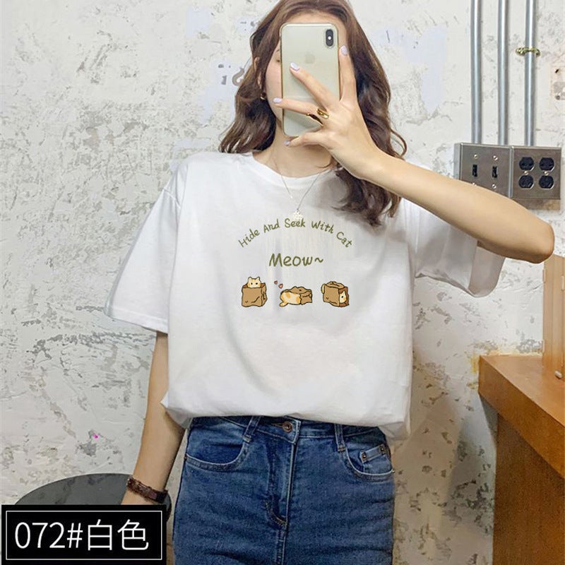 Short-Sleeved T-Shirt Women'S Cotton Loose Korean-Style Ins Women'S All-Match Cartoon Printed Inner Half-Sleeve Top - Image 1