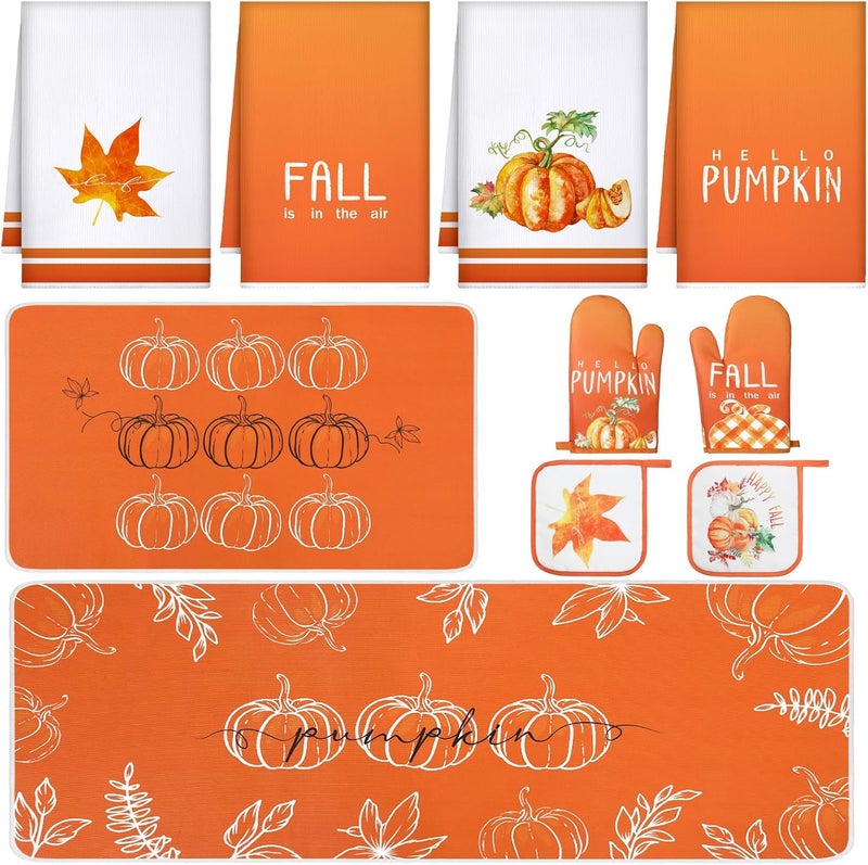 Fourluoo 10 Pcs Thanksgiving Fall Kitchen Decor Set Fall Oven Mitts and Pot Holders Pumpkin Maple Leaves Dish Towels Kitchen Rugs and Mats for Autumn Women Reusable Cooking Grilling Supplies Mom Gift - Image 1
