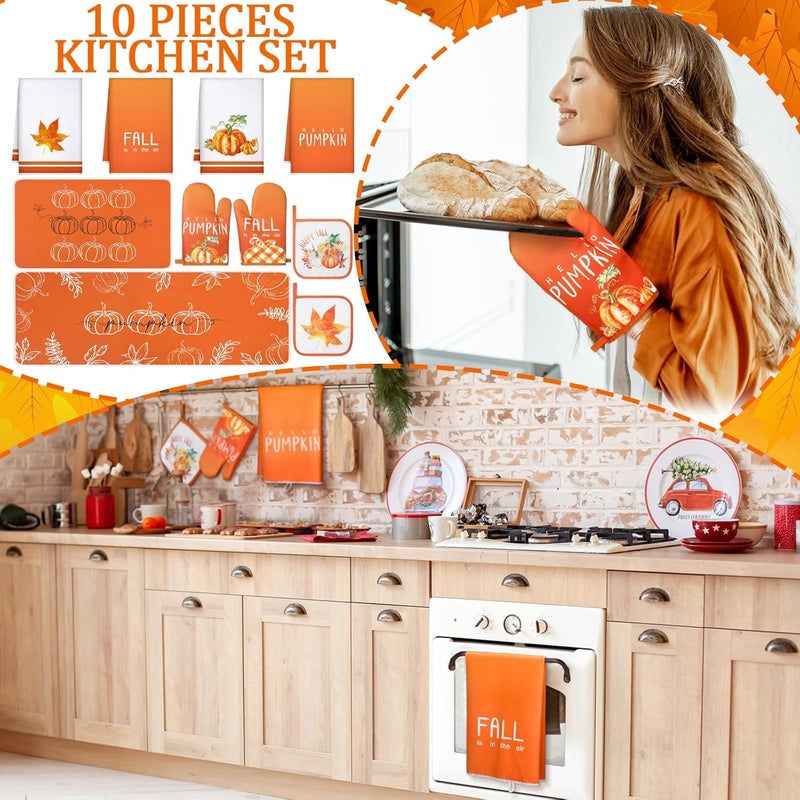 Fourluoo 10 Pcs Thanksgiving Fall Kitchen Decor Set Fall Oven Mitts and Pot Holders Pumpkin Maple Leaves Dish Towels Kitchen Rugs and Mats for Autumn Women Reusable Cooking Grilling Supplies Mom Gift - Image 2