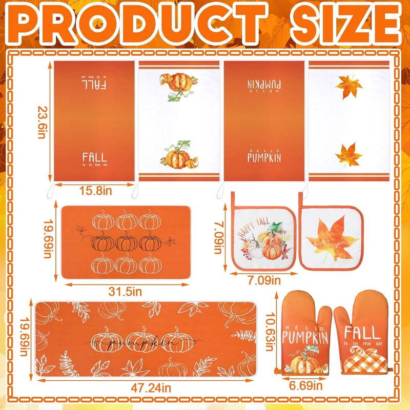 Fourluoo 10 Pcs Thanksgiving Fall Kitchen Decor Set Fall Oven Mitts and Pot Holders Pumpkin Maple Leaves Dish Towels Kitchen Rugs and Mats for Autumn Women Reusable Cooking Grilling Supplies Mom Gift - Image 3