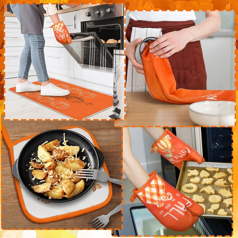 Fourluoo 10 Pcs Thanksgiving Fall Kitchen Decor Set Fall Oven Mitts and Pot Holders Pumpkin Maple Leaves Dish Towels Kitchen Rugs and Mats for Autumn Women Reusable Cooking Grilling Supplies Mom Gift - Image 5