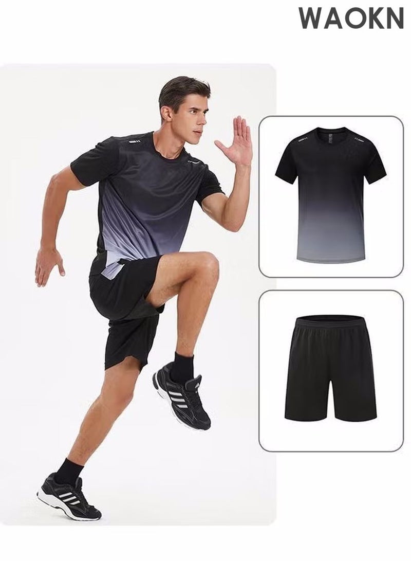 WAOKN Men's 2-Piece Sportswear Set, Summer Quick-Drying Running Gear, Short-Sleeve T-Shirt and Shorts, Fitness Training Outfit, Lightweight Athletic Clothing for Gym, Jogging, Cycling, and Outdoor Activities - Image 1