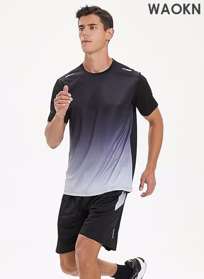 WAOKN Men's 2-Piece Sportswear Set, Summer Quick-Drying Running Gear, Short-Sleeve T-Shirt and Shorts, Fitness Training Outfit, Lightweight Athletic Clothing for Gym, Jogging, Cycling, and Outdoor Activities - Image 2
