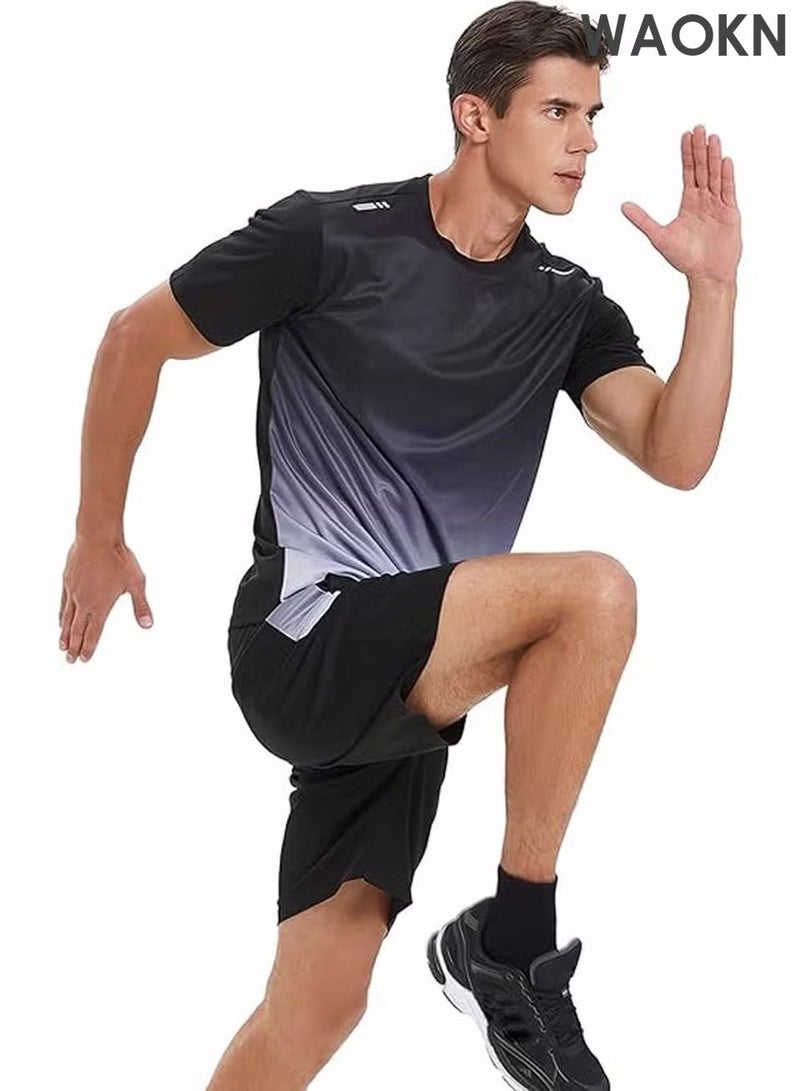 WAOKN Men's 2-Piece Sportswear Set, Summer Quick-Drying Running Gear, Short-Sleeve T-Shirt and Shorts, Fitness Training Outfit, Lightweight Athletic Clothing for Gym, Jogging, Cycling, and Outdoor Activities - Image 4